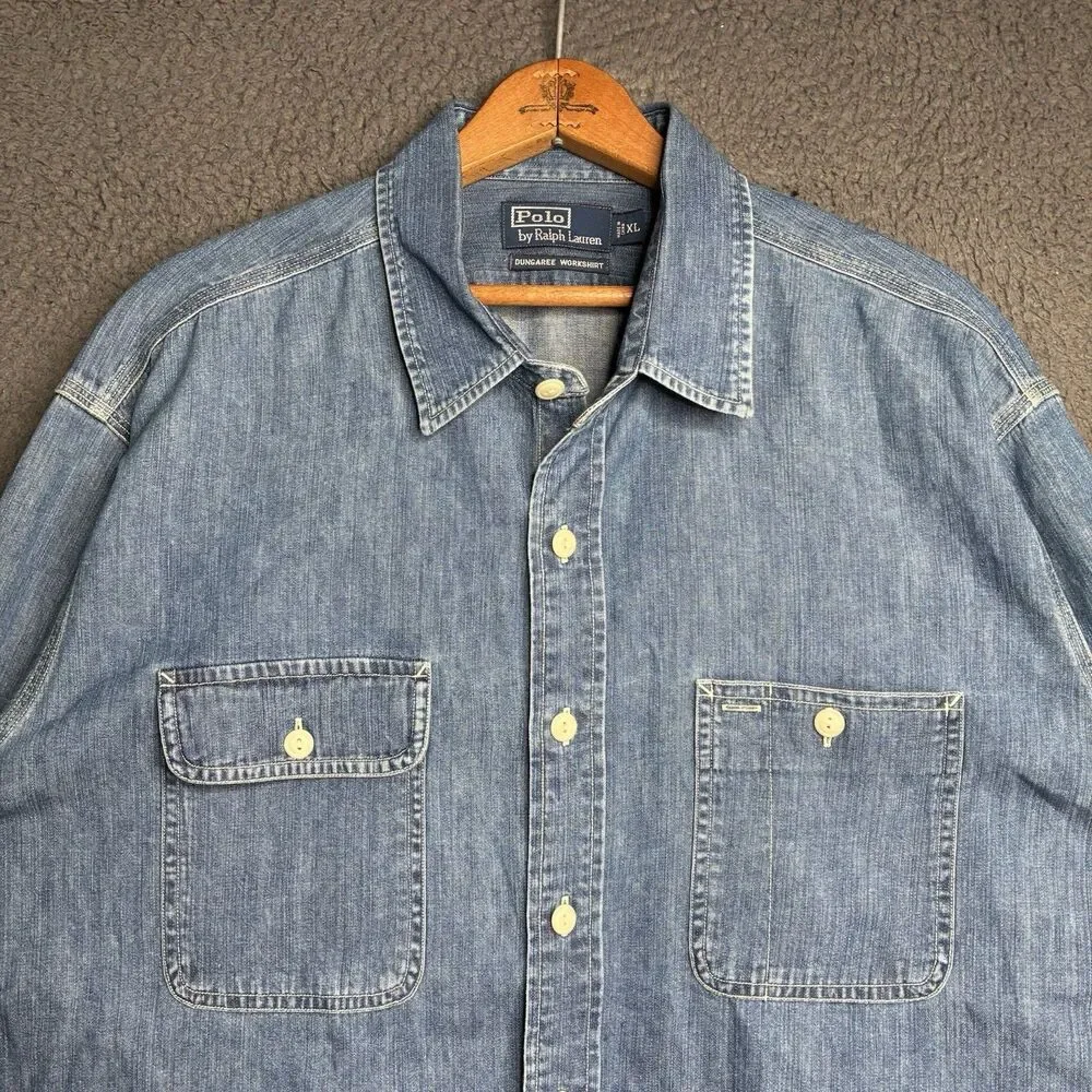 Vtg Polo Ralph Lauren Vintage Dungaree Work Shirt XL 52” RRL Style Indigo Denim